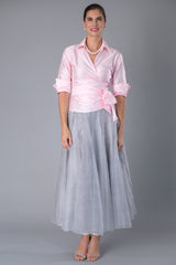 Silver pure silk long skirt with matching pure silk Soft Pink shirt with sleeves for the modern and elegant mother of the bride/ groom 
