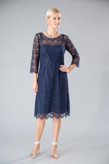 Navy blue pure silk and lace dress with 3/4 sleeves for the modern and elegant mother of the bride/ groom 