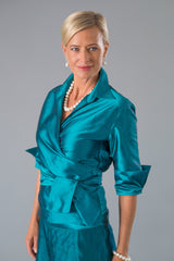 Teal long pure silk two piece outfit for the modern and elegant mother of the bride/ groom 